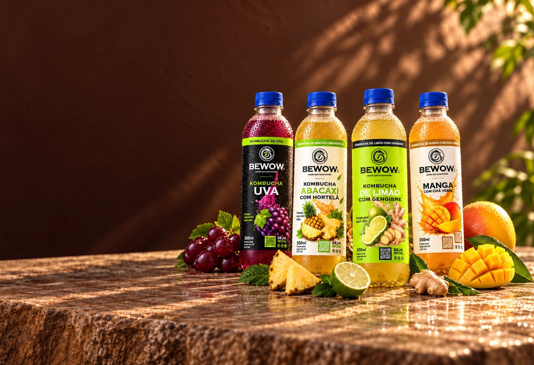 Garrafas de kombucha Bewow de uva, abacaxi, limão e manga sobre a mesa