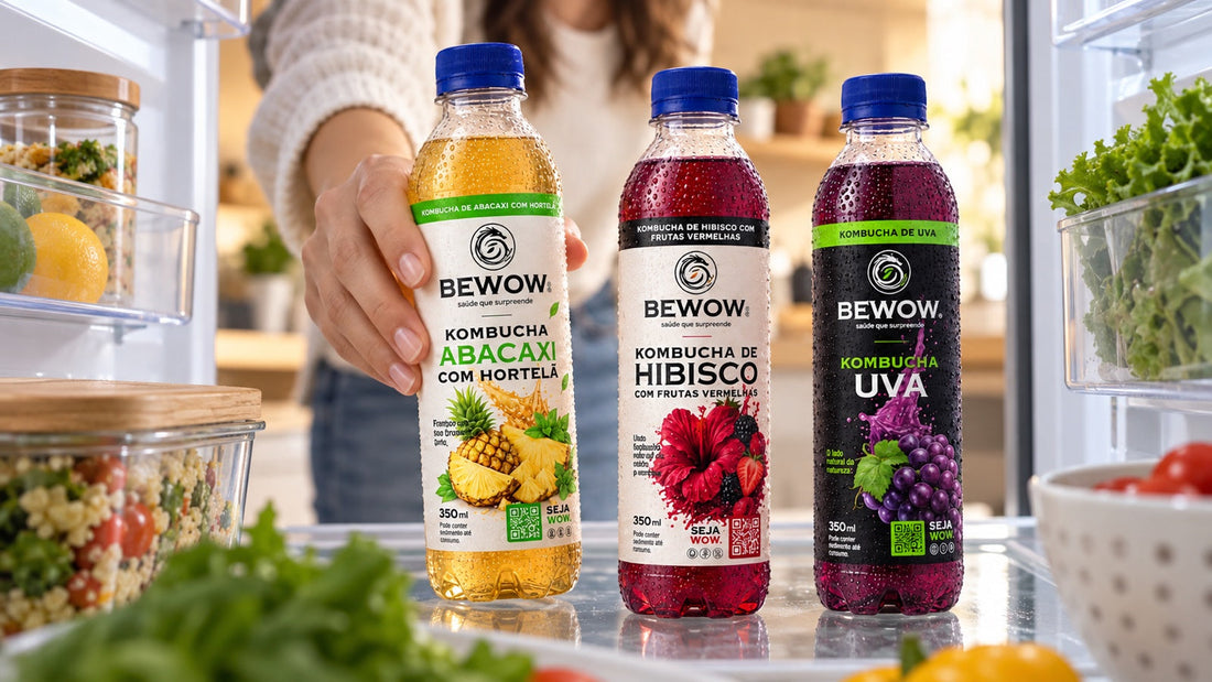 Pessoa guarda uma garrafa de kombucha em pé na geladeira, ao lado de Hibisco e Uva.