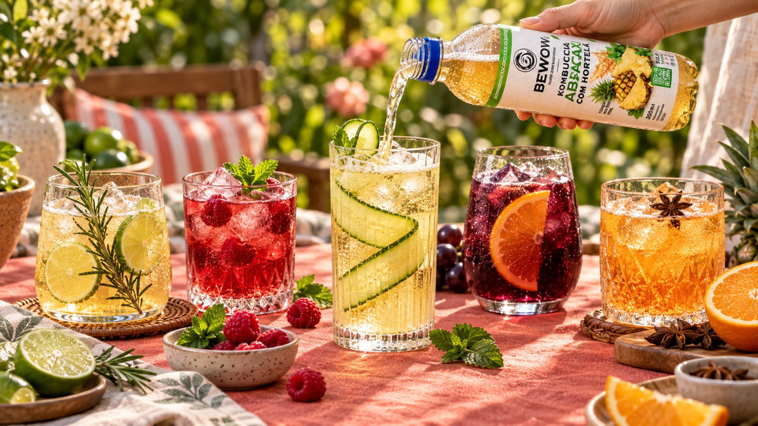 Cinco drinks com frutas e ervas; kombucha de Abacaxi com Hortelã é servida no copo com pepino.