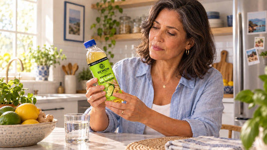 Mulher observa o rótulo de uma garrafa de kombucha de Limão com Gengibre na cozinha.