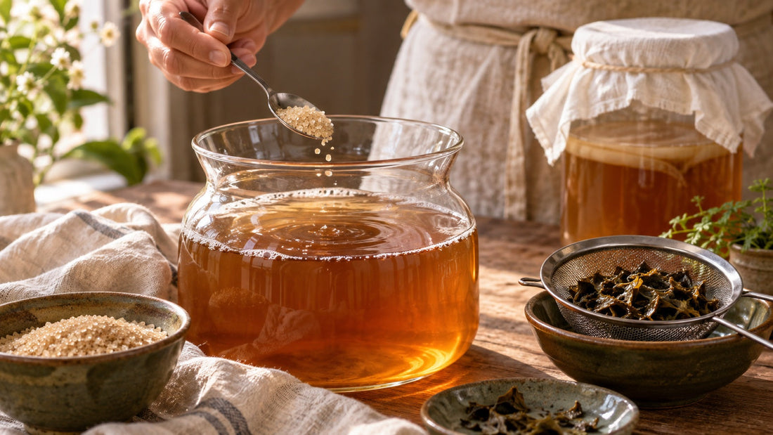 Uma colher de açúcar é adicionada ao chá durante o preparo, antes da fermentação.