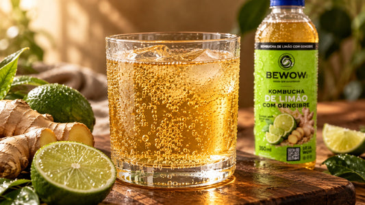 Detalhe das bolhas em um copo de kombucha, com Limão com Gengibre ao fundo.