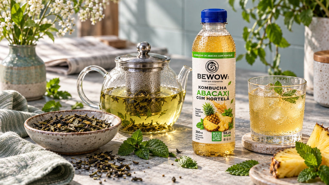 Bule de chá, folhas e uma garrafa de kombucha de Abacaxi com Hortelã sobre uma bancada.