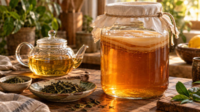 Pote de chá em fermentação com cultura visível, ao lado de um bule e folhas de chá.