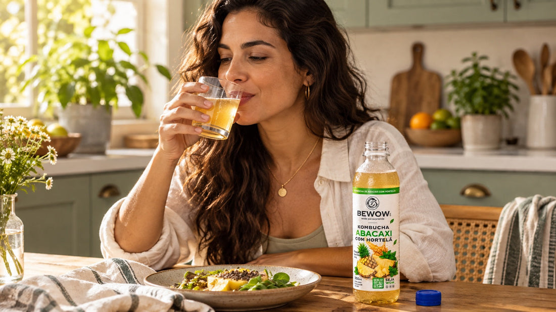 Mulher experimenta kombucha em um copo, com garrafa de Abacaxi com Hortelã sobre a mesa da cozinha.