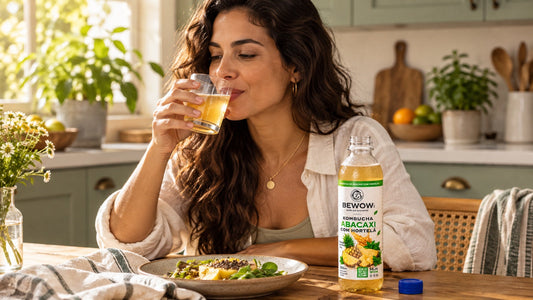 Mulher experimenta kombucha em um copo, com garrafa de Abacaxi com Hortelã sobre a mesa da cozinha.
