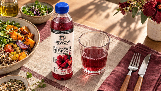 Garrafa de Hibisco com Frutas Vermelhas e um copo parcialmente servido ao lado de uma refeição.