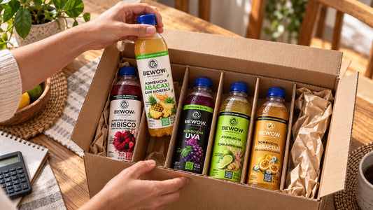 Pessoa retira uma garrafa de Abacaxi com Hortelã de uma caixa com diferentes sabores de kombucha.