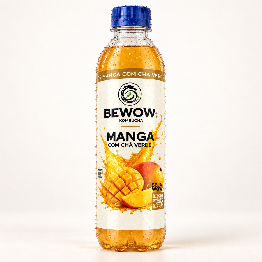Garrafa de kombucha Bewow sabor Manga, 350 ml