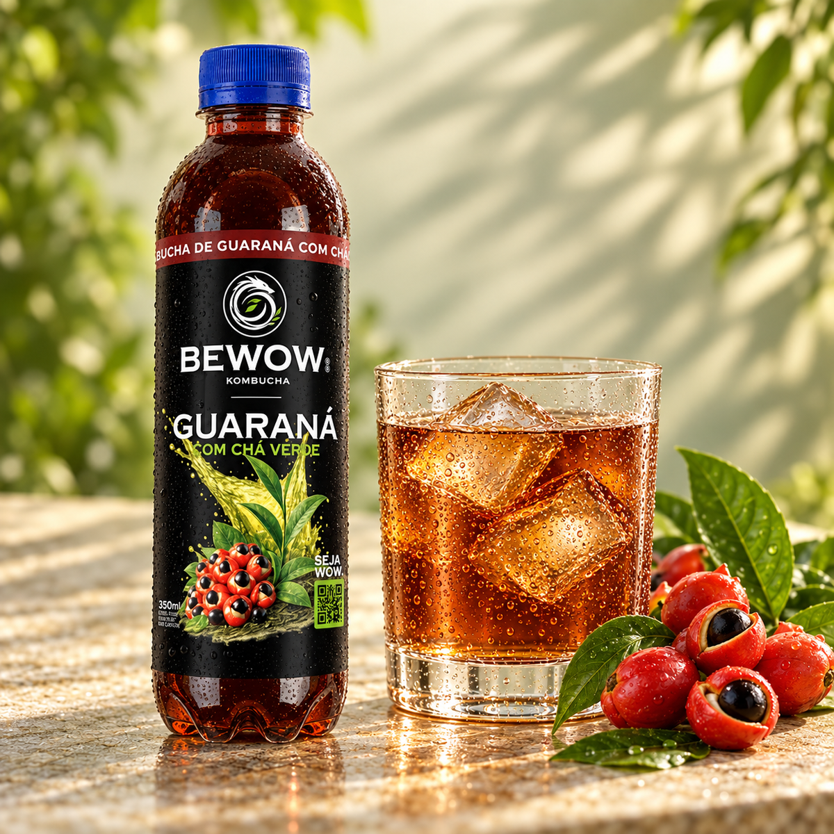 Kombucha Bewow Guaraná servida em copo com gelo