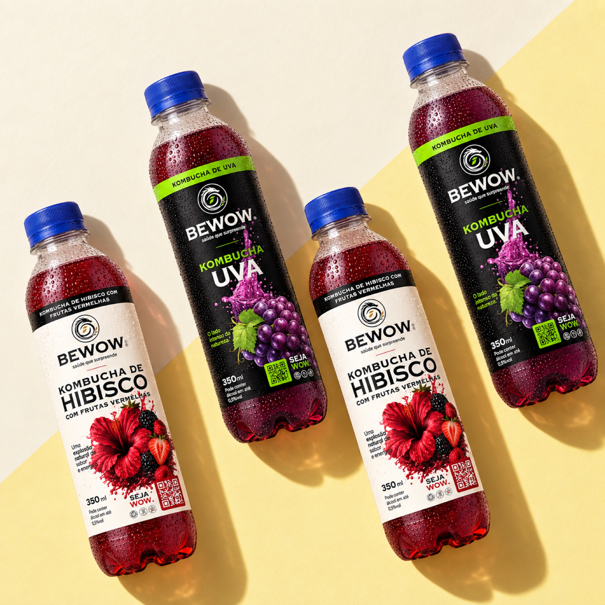 Combo Frutas Vermelhas e Uva da Bewow em composição diagonal, vista de cima