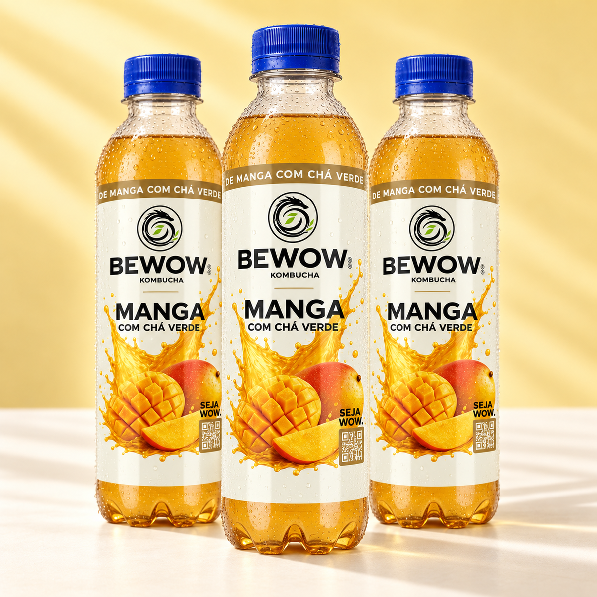Três garrafas de kombucha Bewow Manga de 350 ml