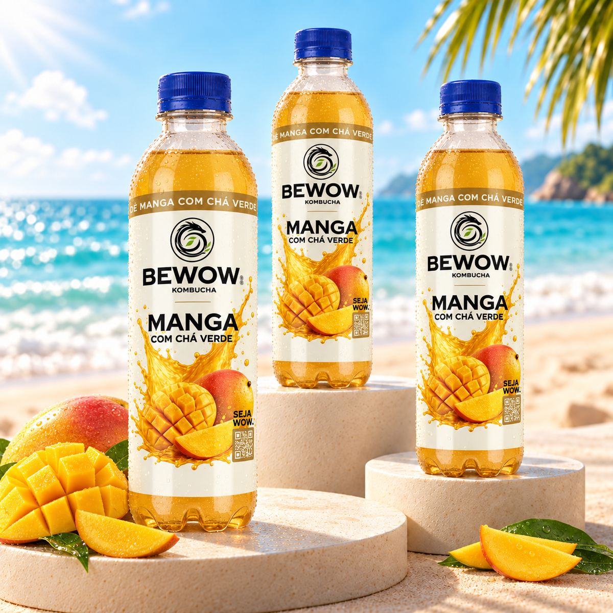 Garrafas de kombucha Bewow Manga em cenário de praia