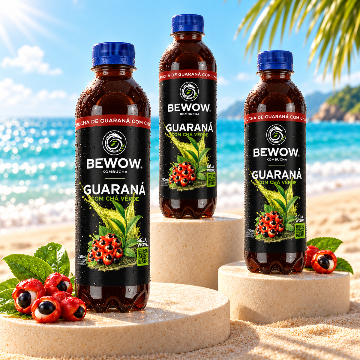 Garrafas de kombucha Bewow Guaraná em cenário de praia
