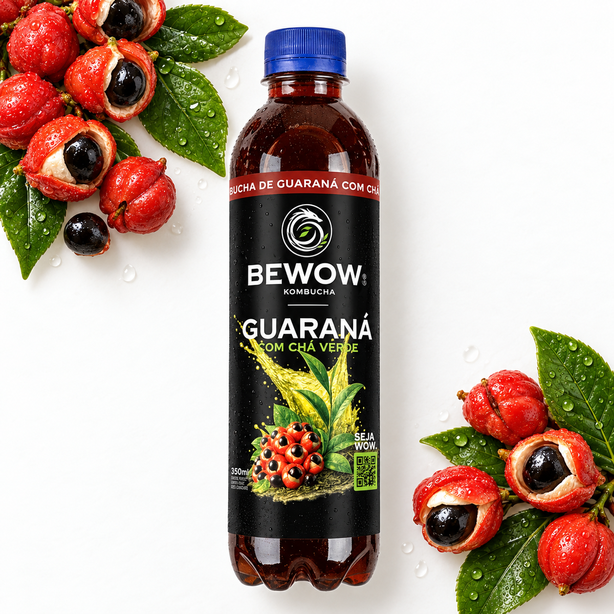 Kombucha Bewow Guaraná com os ingredientes do sabor
